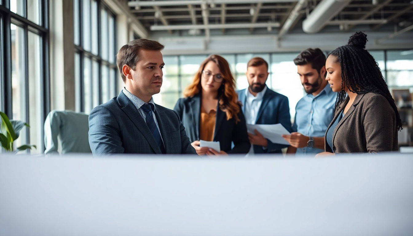 Headhunter Ingenieure im Dialog mit Ingenieuren in einem modernen Büro.