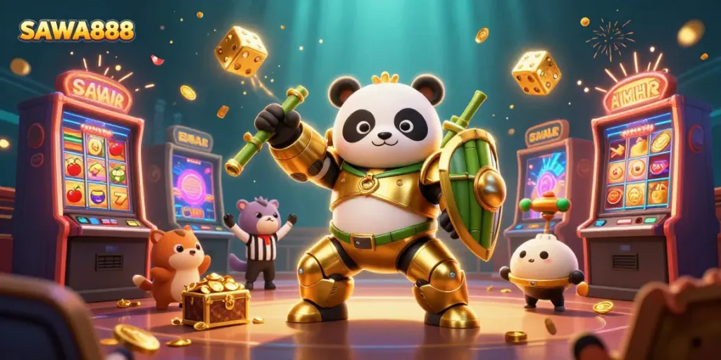 Experience the excitement of slots with SAWA888 featuring an energetic casino scene and dynamic gaming elements.