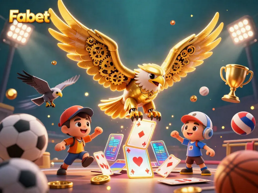Fabet showcases an exciting 3D casino illustration featuring a golden eagle and dynamic sports elements.
