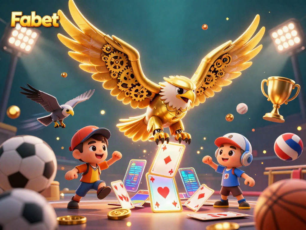 Fabet showcases an exciting 3D casino illustration featuring a golden eagle and dynamic sports elements.