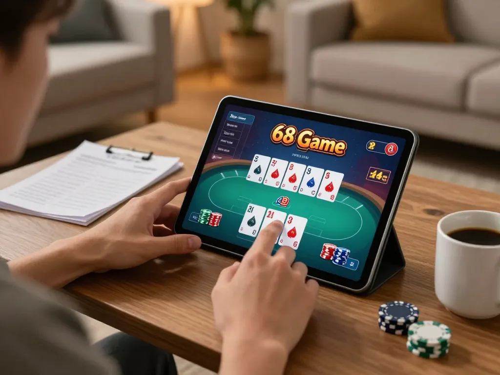 Engaging user playing 68 Game Bài on tablet in cozy modern living room.