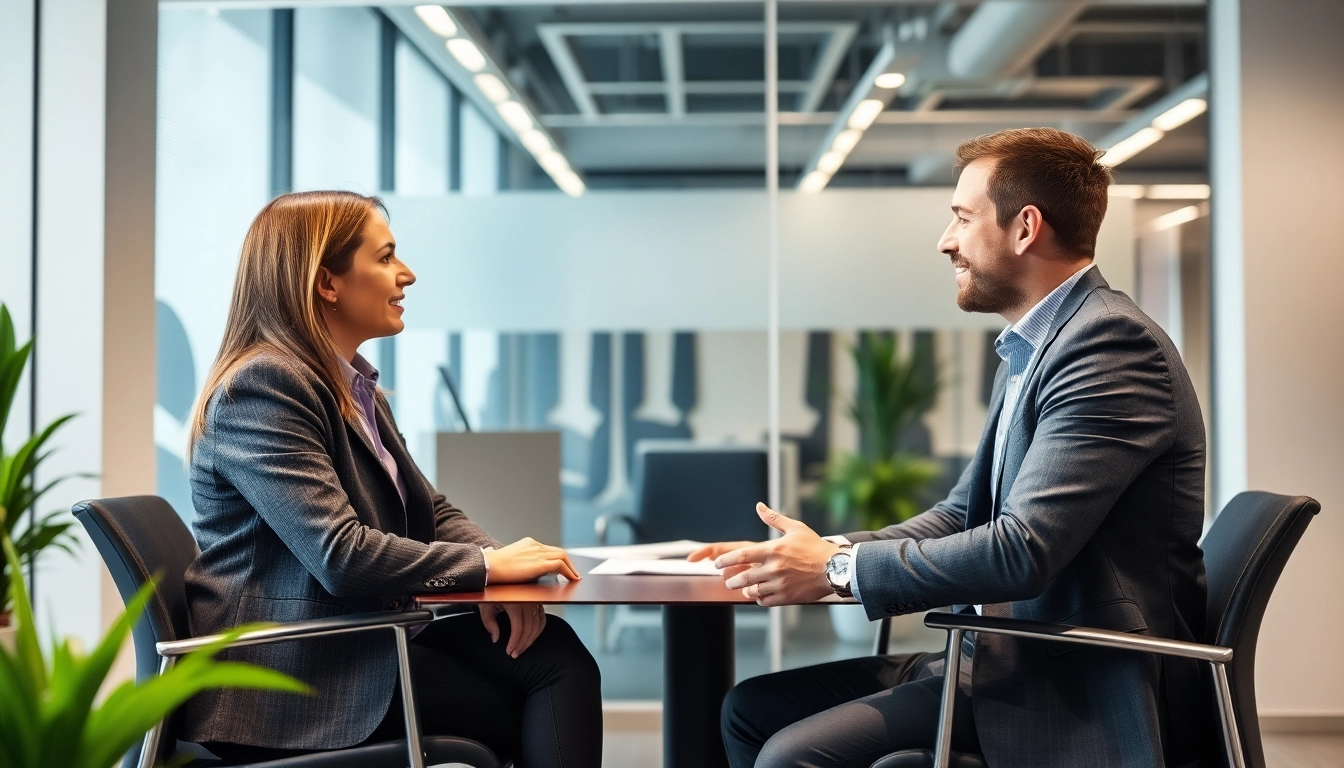 Headhunter vermittelt erfolgreich zwischen Kandidaten und Unternehmen in einem modernen Büro.