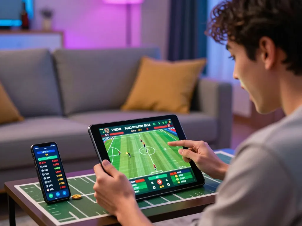 Exciting sports betting moment with soi kèo bóng đá analysis on tablet, showing live statistics.