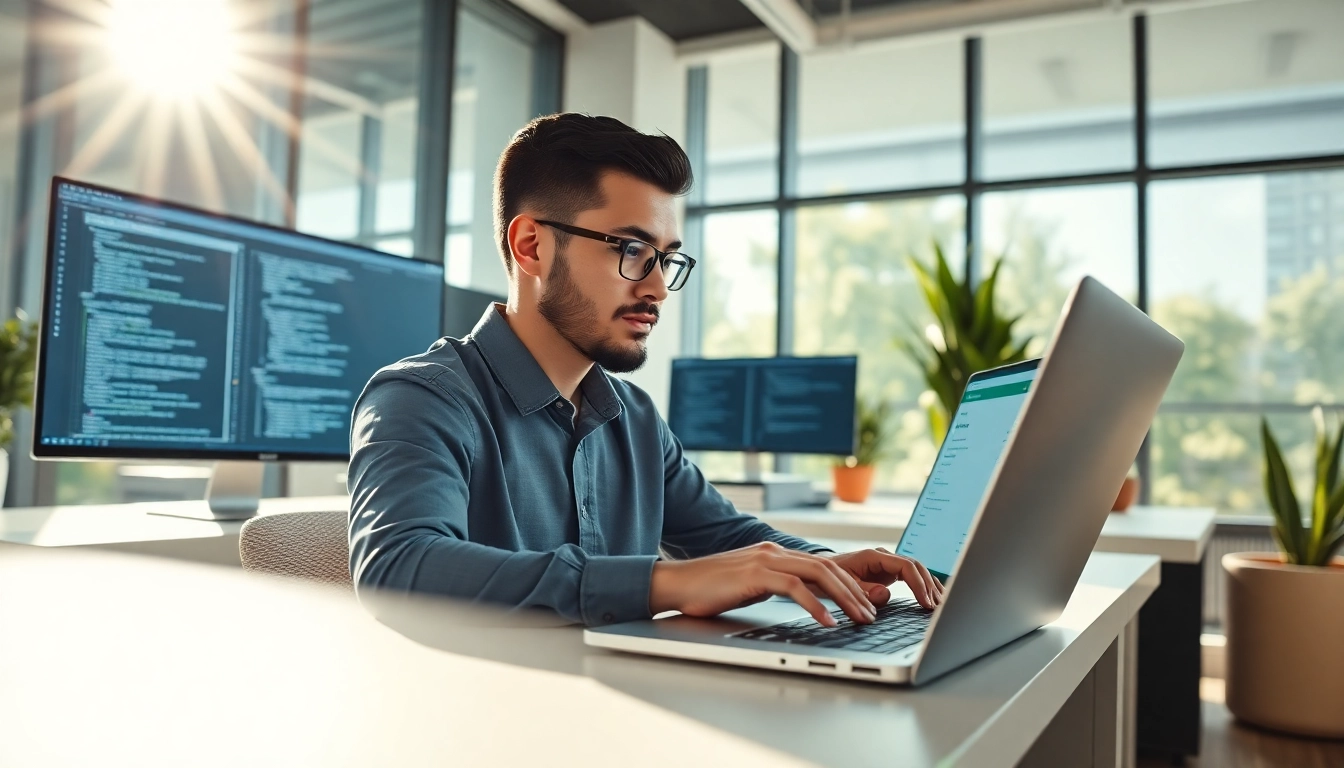 Erfolgreiche Shopware Entwickler programmiert in einem modernen Büro mit Fokus auf Kreativität.