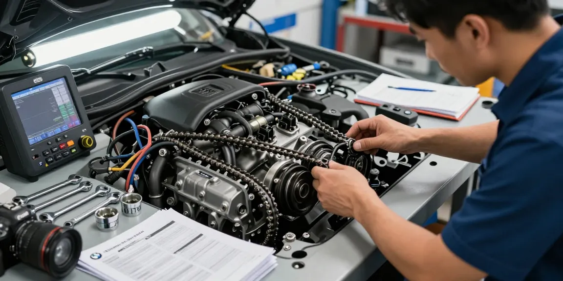Qualifizierter Techniker beim BMW Steuerkette wechseln in professioneller Werkstatt.