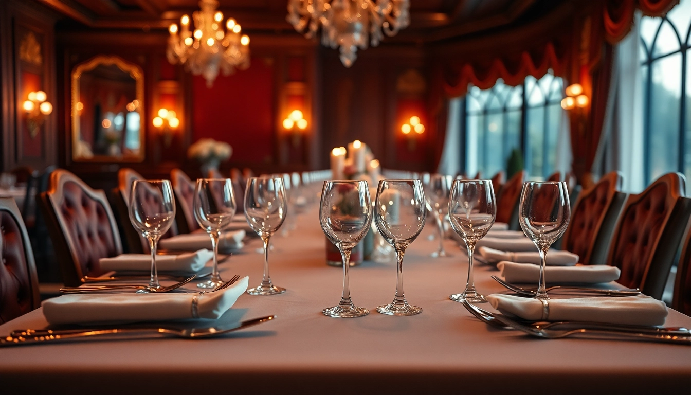 Luxury dining table featuring exquisite silverware and ambient lighting, creating a sophisticated atmosphere.
