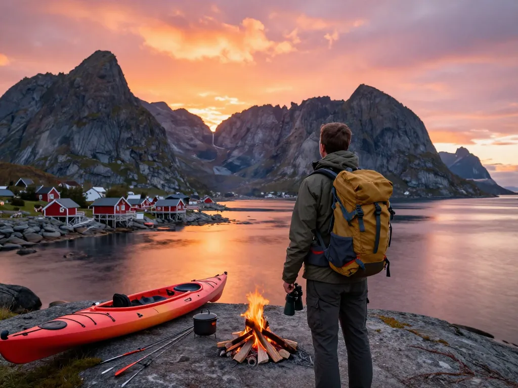 Skandinavien Reisetipps für die Erkundung der Lofoten-Inseln mit einem Reisenden, der die malerischen Fjorde während des Sonnenuntergangs bewundert.