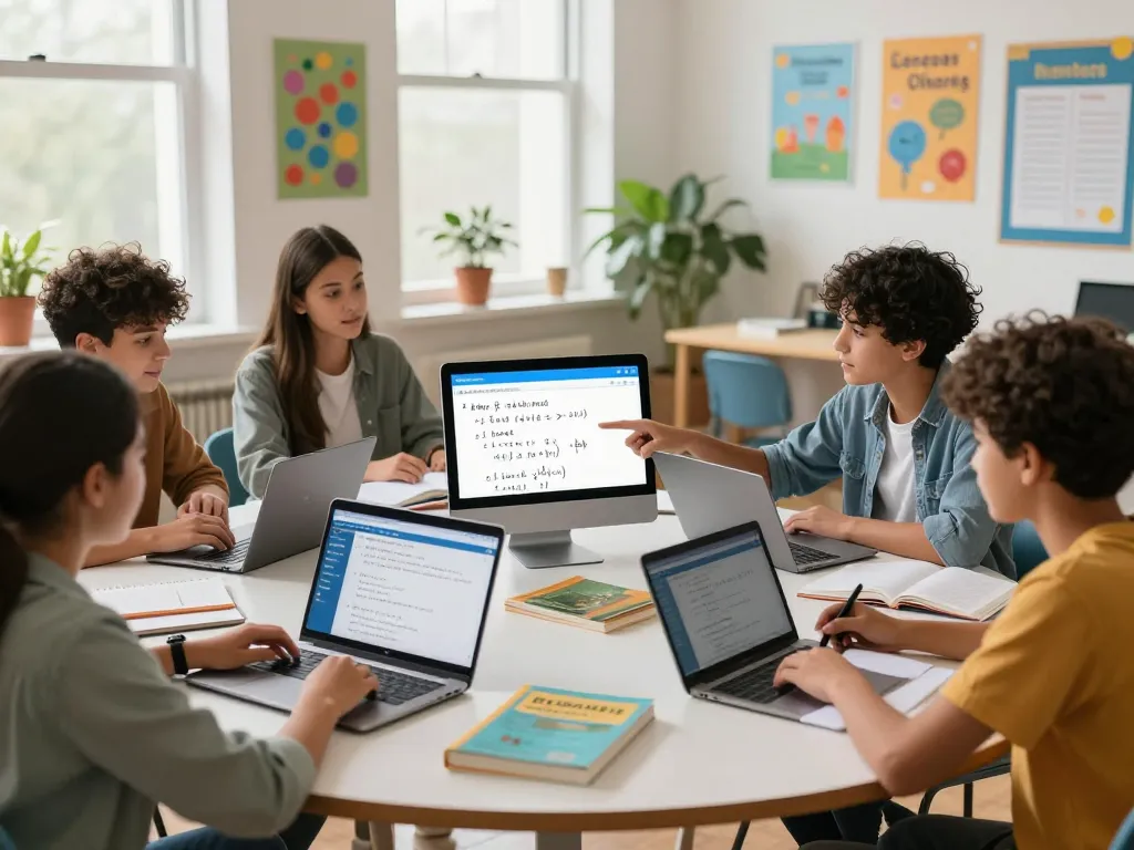 Gruppe von Schülern, die Hausaufgaben Löser-Tools in einem modernen Klassenzimmer verwenden