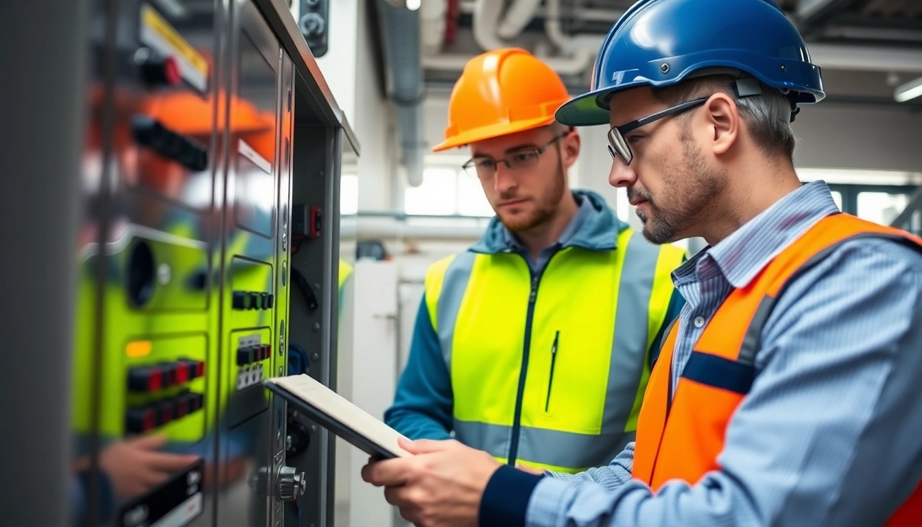 Technician performing DGUV V3 Prüfung on electrical equipment with safety gear in a well-organized workspace.