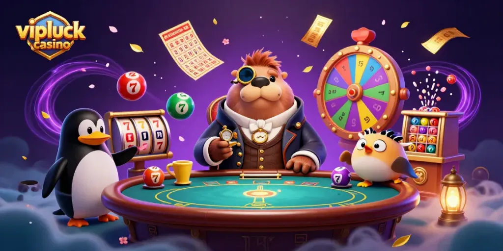 Experience the excitement of vipluck casino with a whimsical poker scene featuring a walrus, penguin dealer, and pufferfish bluffing.