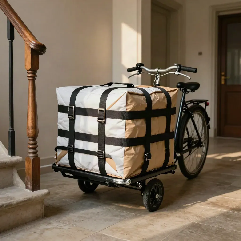 Ein festgezurrtes Eilpaket auf einem Lastenrad im Berliner Hauseingang bei warmem Licht.