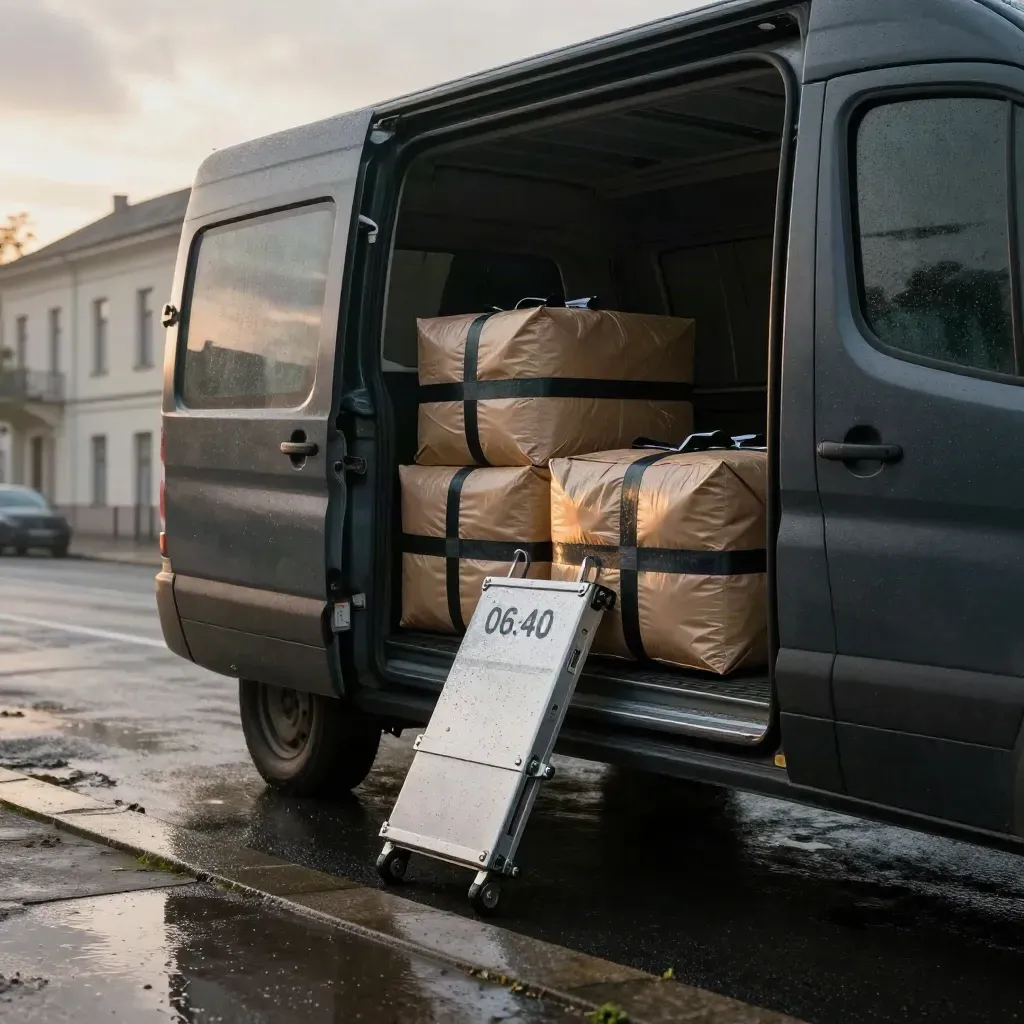 Offener Lieferwagen mit Paketen am nassen Berliner Bordstein im Morgenlicht