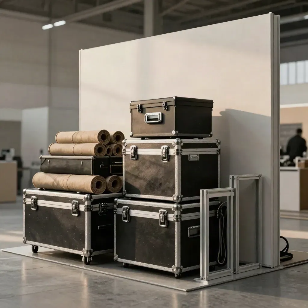 Beladener Messestand mit Flightcases, Rollup-Hüllen und Technikboxen im leeren Hallengang.