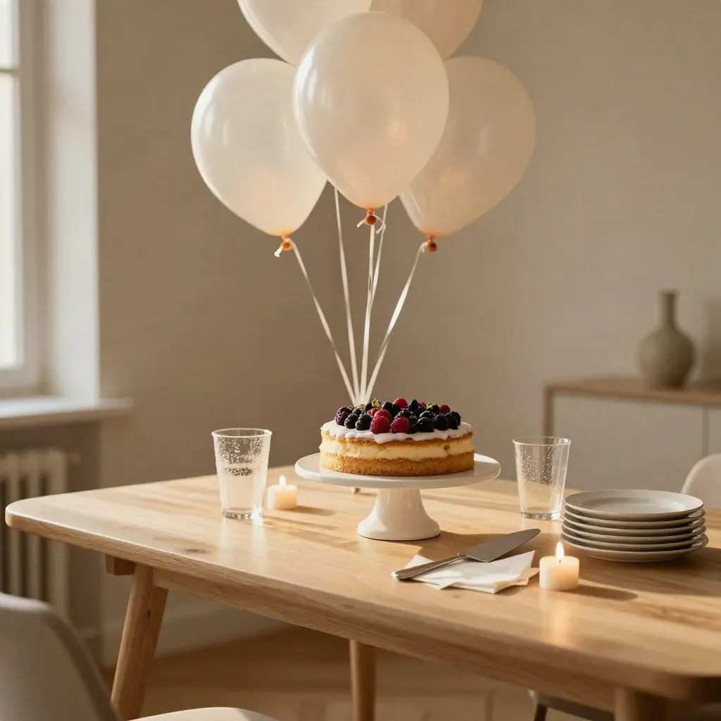 Geburtstagstisch mit Kuchen, Ballons, Bechern und Tellern in warmer Wohnung