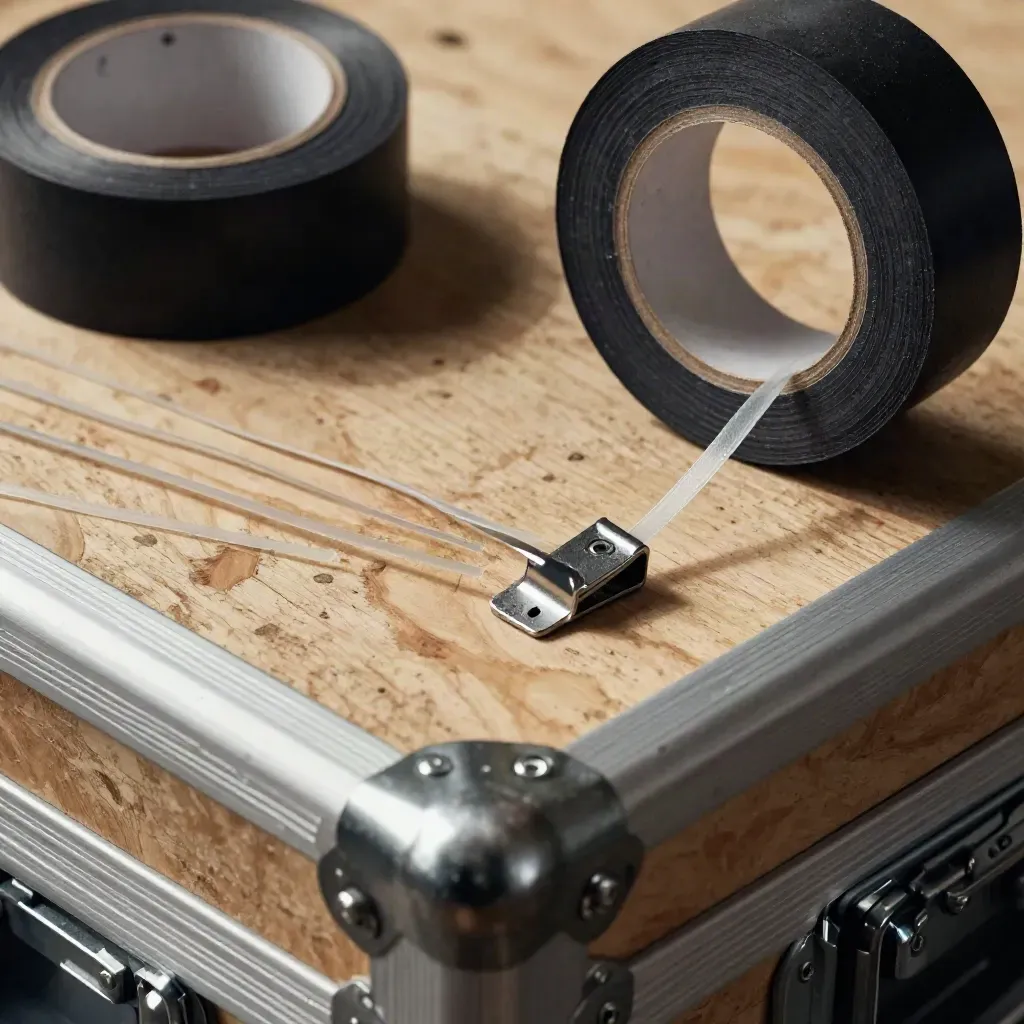 Gaffer-Tape, Kabelbinder, Metallklemme und Flightcase-Ecke auf einer abgenutzten Holzkiste.