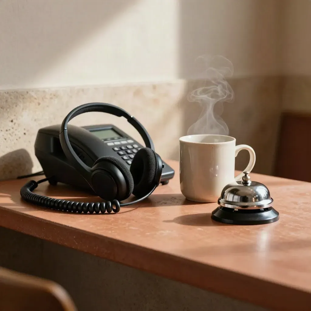 Headset, Tischtelefon, Tasse und Glockentaster auf terrakottafarbener Fläche im sanften Licht.