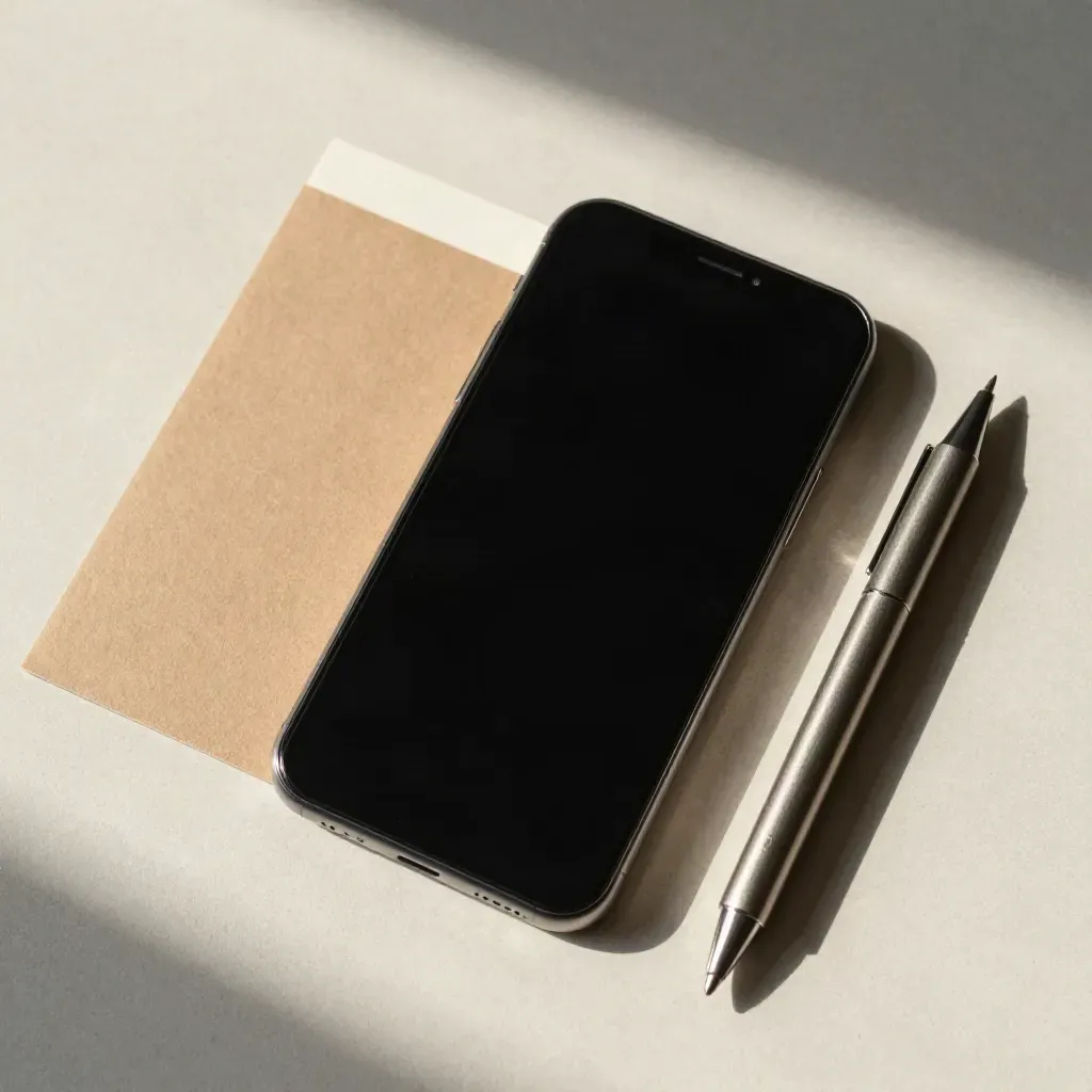 Smartphone mit schwarzem Display, Kraftkarten-Hülle und Metallstift auf hellem Putz.