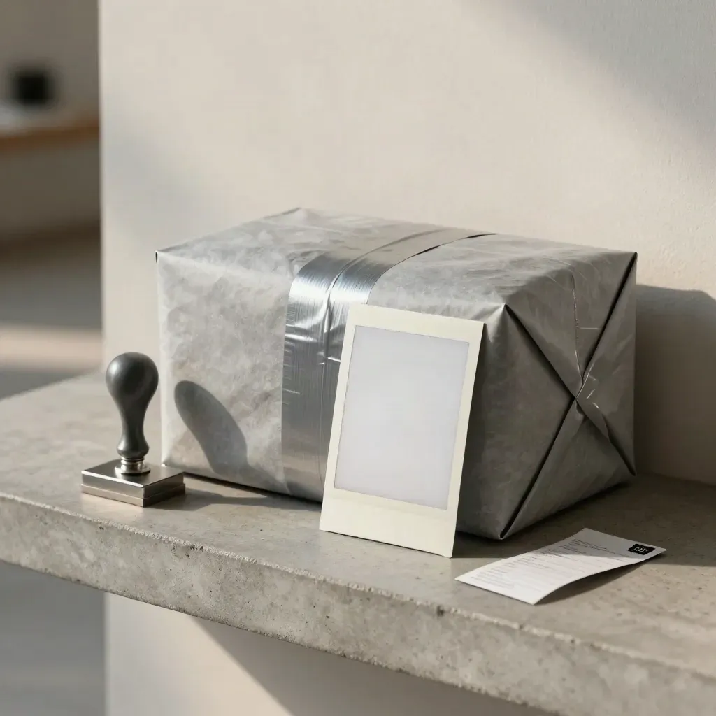 Versiegeltes Paket mit Sofortbild, Metallstempel und Quittungstoken auf Steinsims.