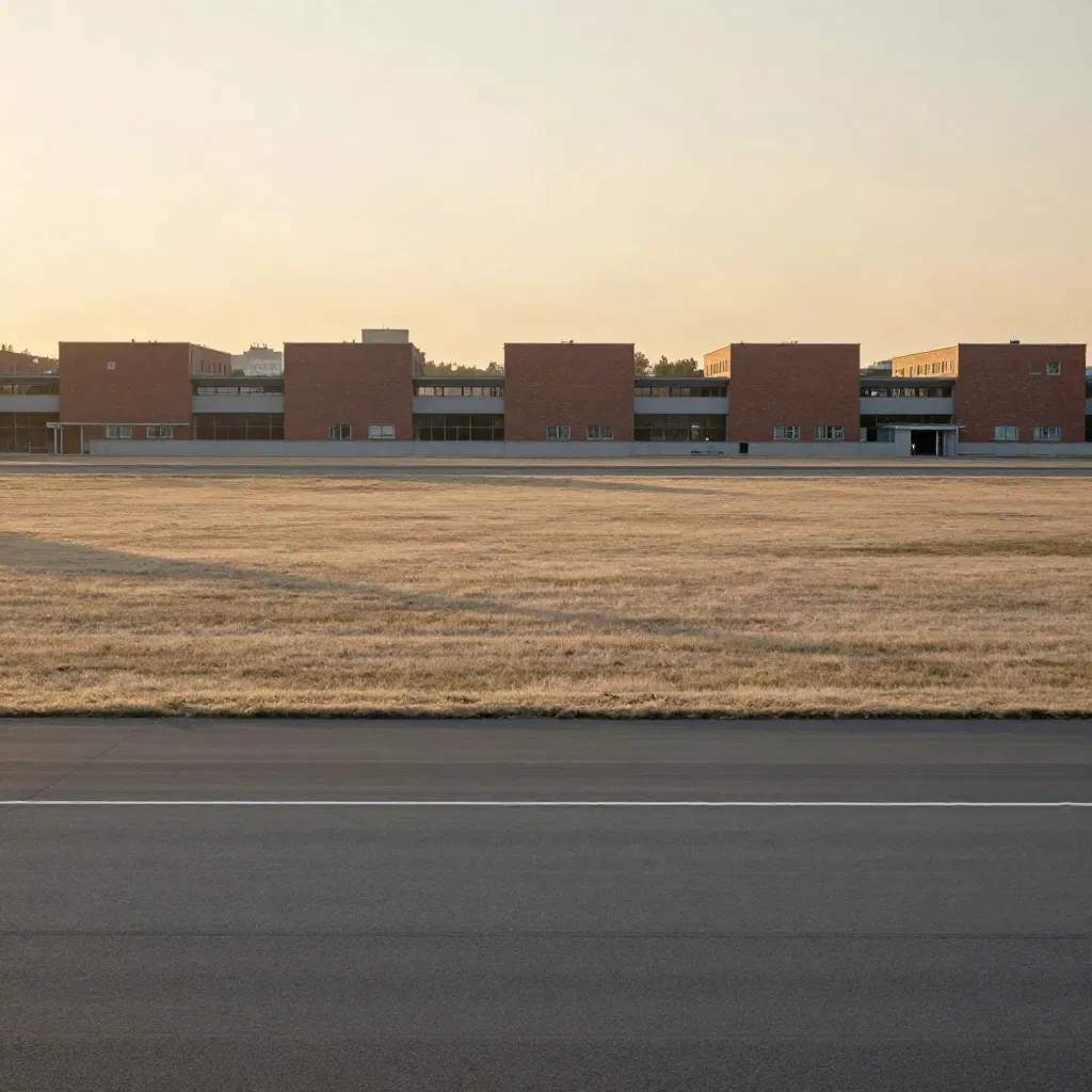Tempelhofer Feld im goldenen Abendlicht mit ruhiger Stadtkante und viel freier Fläche