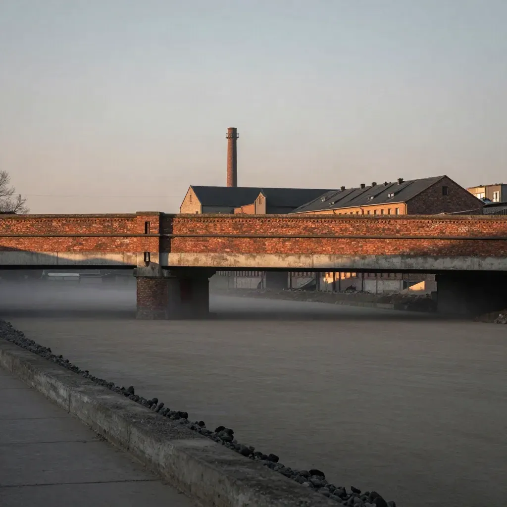 Rote Backsteinbrücke über rauem Industriefeld, Nebel und Skyline in Berlin Ost
