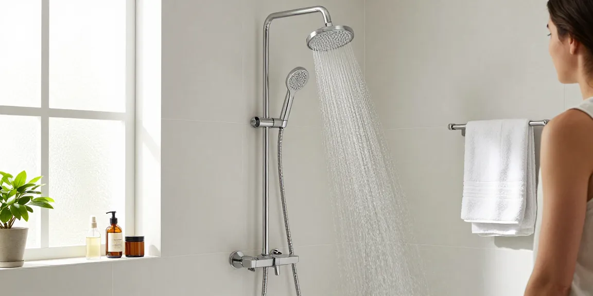 Comfortabele moderne badkamer met een wandmontage douchekop uit muur, elegant ontwerp, persoon geniet van warme douche.