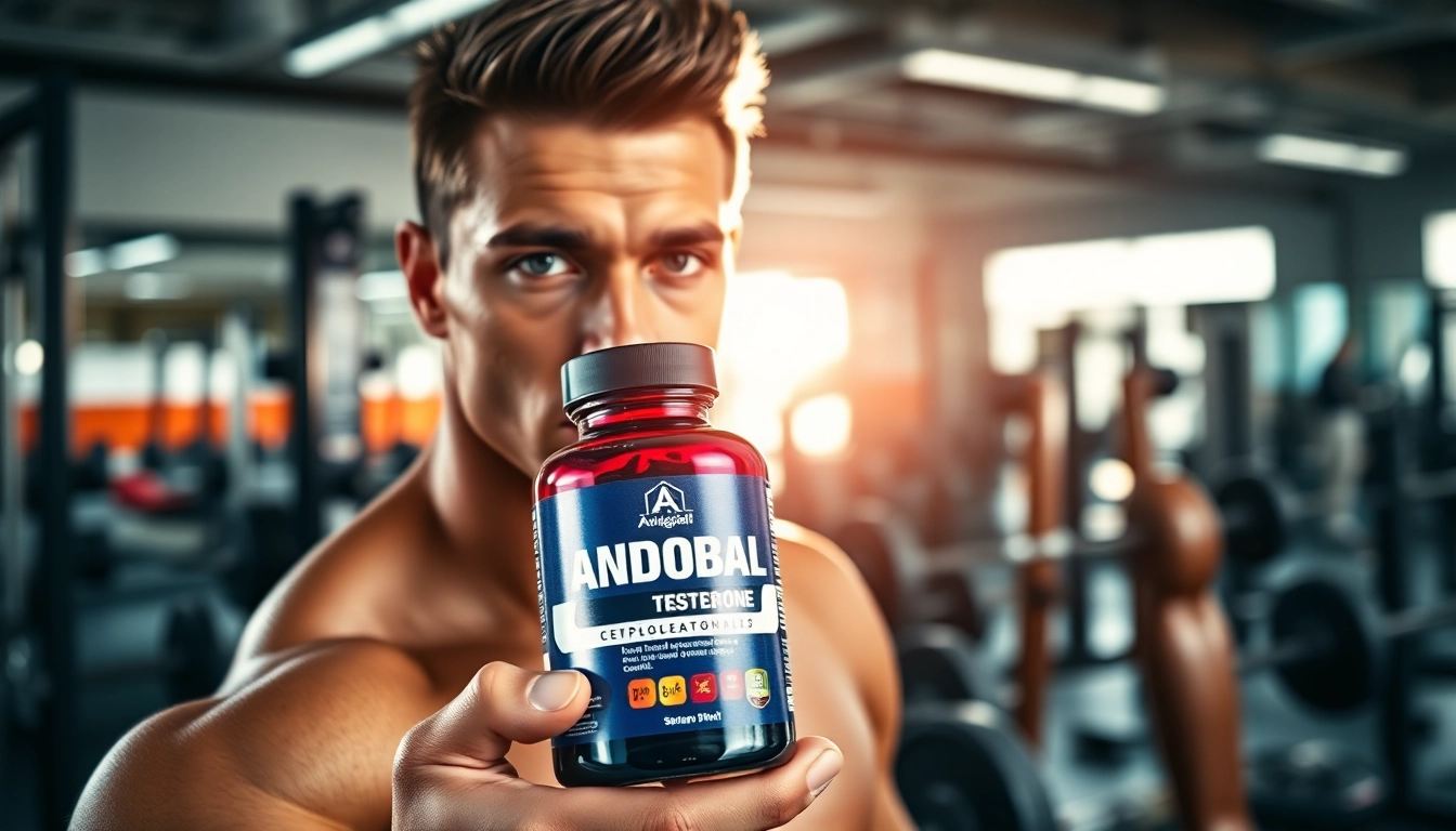 Androbal Testosterone Compound bei einem Athleten im Fitnessstudio, der Energie und Entschlossenheit ausstrahlt.