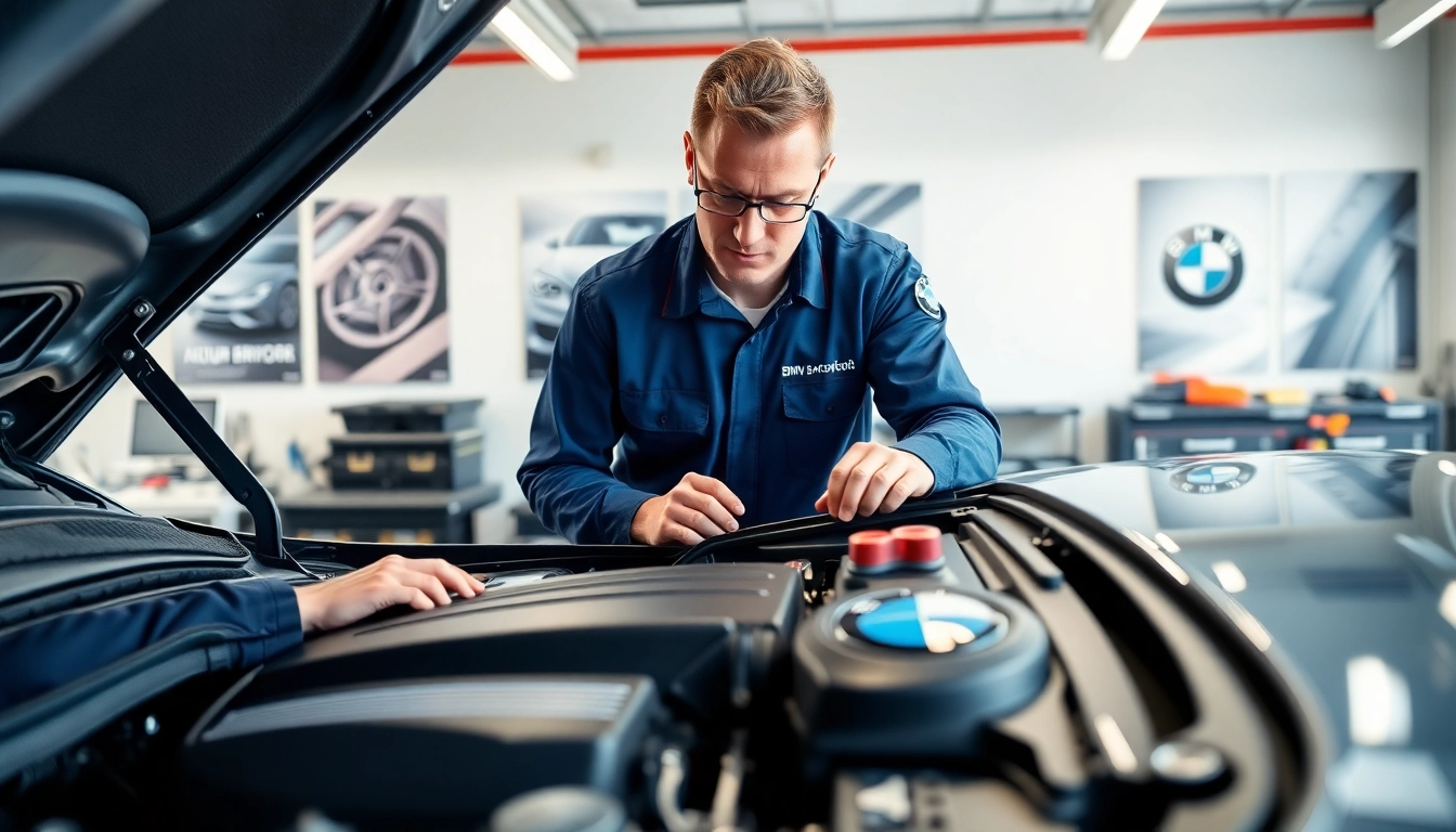 BMW Spezialist inspiziert einen luxuriösen BMW in einer modernen Werkstatt.