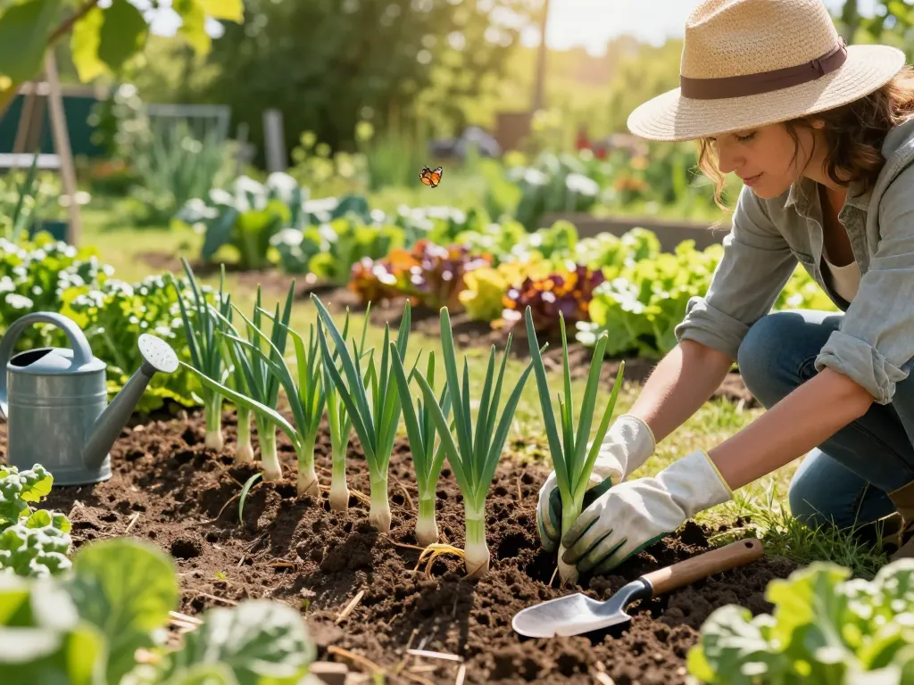 Gardener planting sommerporree seedlings in vibrant vegetable garden.