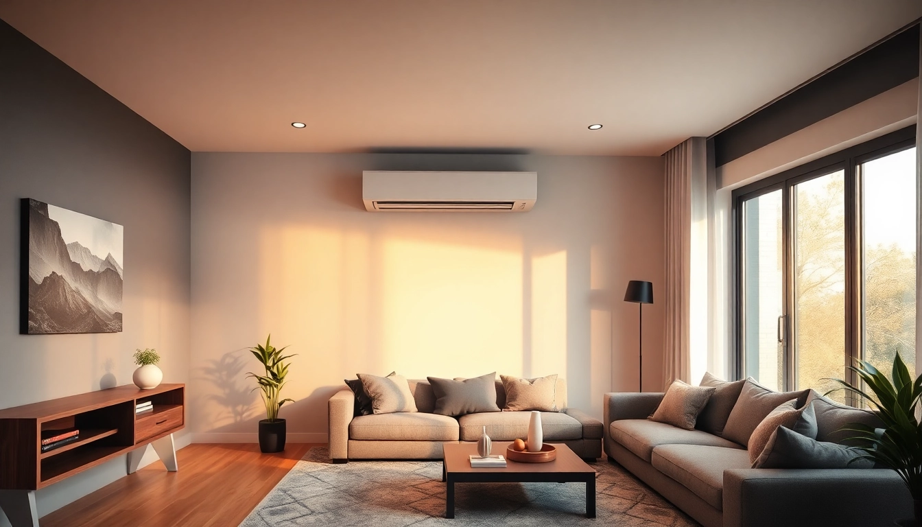 Klimaanlagen im modernen Wohnzimmer mit einer eleganten Wand-Klimaanlage, die eine angenehme Atmosphäre schafft.