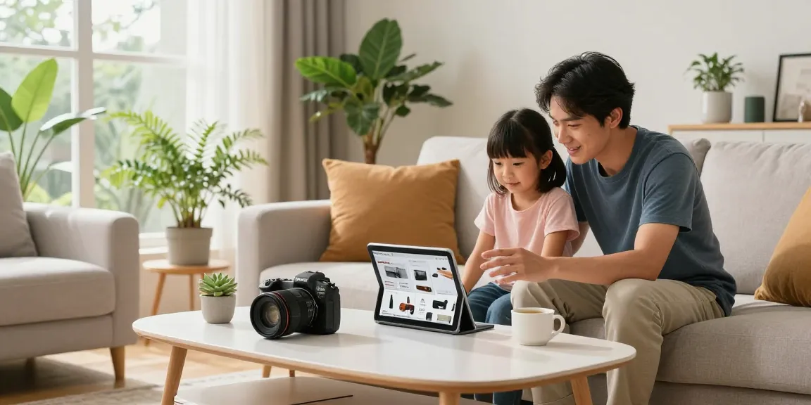 Familie, die sich mit wohnmöbel online kaufen beschäftigt und stilvolle Möbeloptionen in einem modernen Wohnzimmer erkundet.