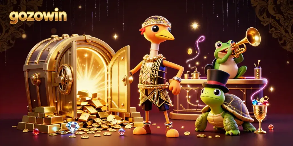 GozoWin combines excitement with a dazzling 3D illustration of a turtle and frog in a vibrant casino setting.