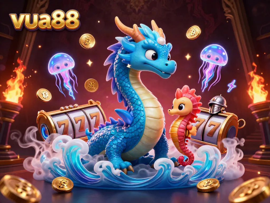 Experience thrilling slots and jackpots at Vua88 with a majestic dragon and vibing sea creatures.