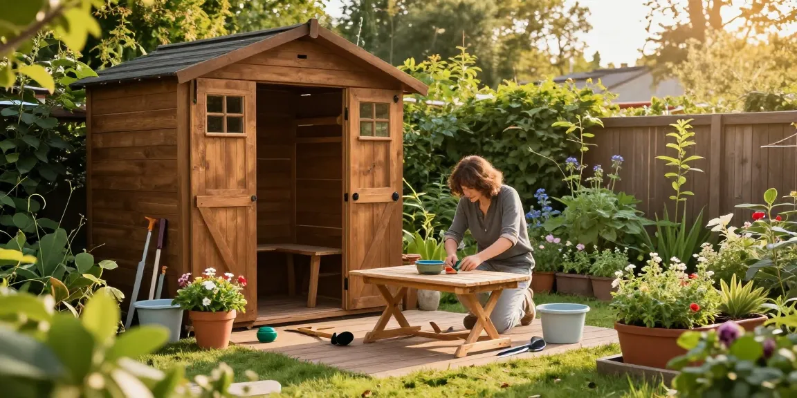 Gartenhaus Holz umgeben von Blumen und Gartenwerkzeugen in gemütlicher Umgebung