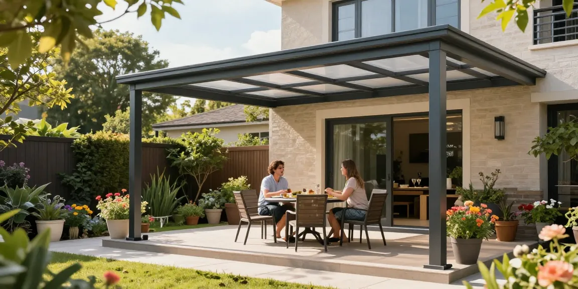 Terrassenüberdachung freistehend im Garten mit einladender Atmosphäre und sonnigem Wetter.