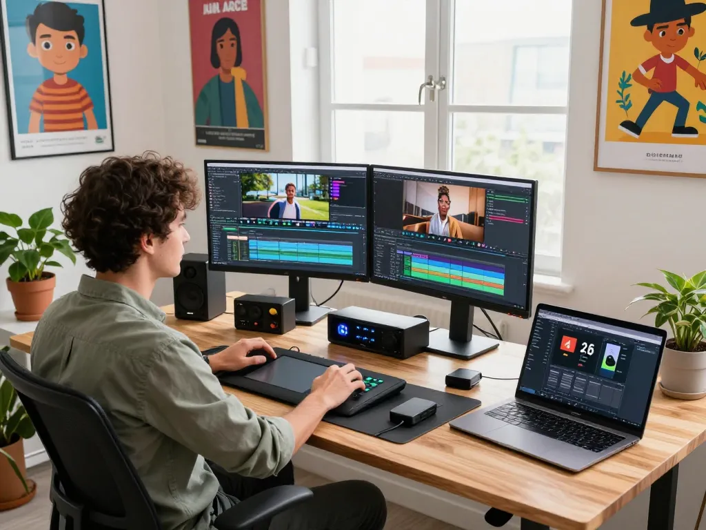 Professional workspace featuring motion control video editing setup, showcasing a content creator animating with advanced software.