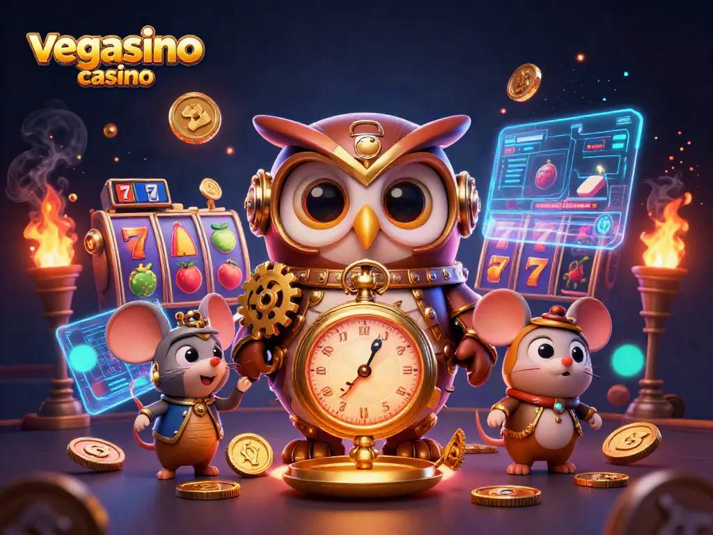 Experience the excitement of vegasino casino with lively slot reels and whimsical characters in a vivid scene.