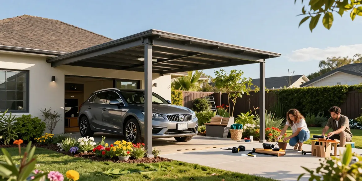 Moderne Carport-Struktur im Garten mit einem Auto und einem Paar beim Möbelaufbau, umgeben von blühenden Pflanzen.