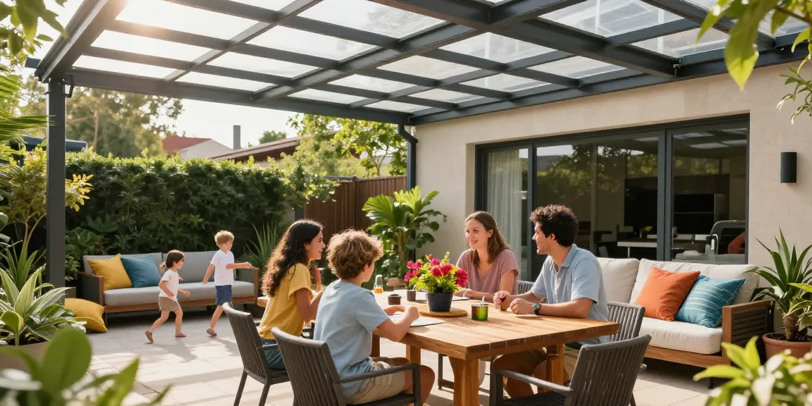 Familie genießt einen sonnigen Nachmittag unter einer modernen Terrassenüberdachung, umgeben von Pflanzen und einer einladenden Atmosphäre.
