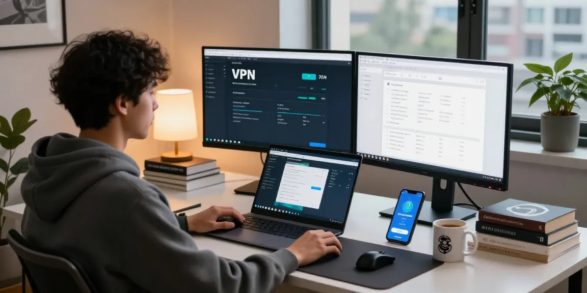 Mullvad VPN Erfahrungen showcased in a modern home office with dual monitors displaying VPN statistics.