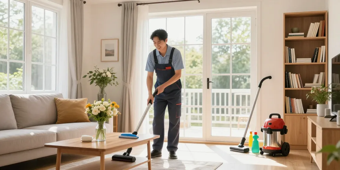 Professional cleaner in bright living room showcasing the best putzfirma bern services with sparkling clean windows and organized space.