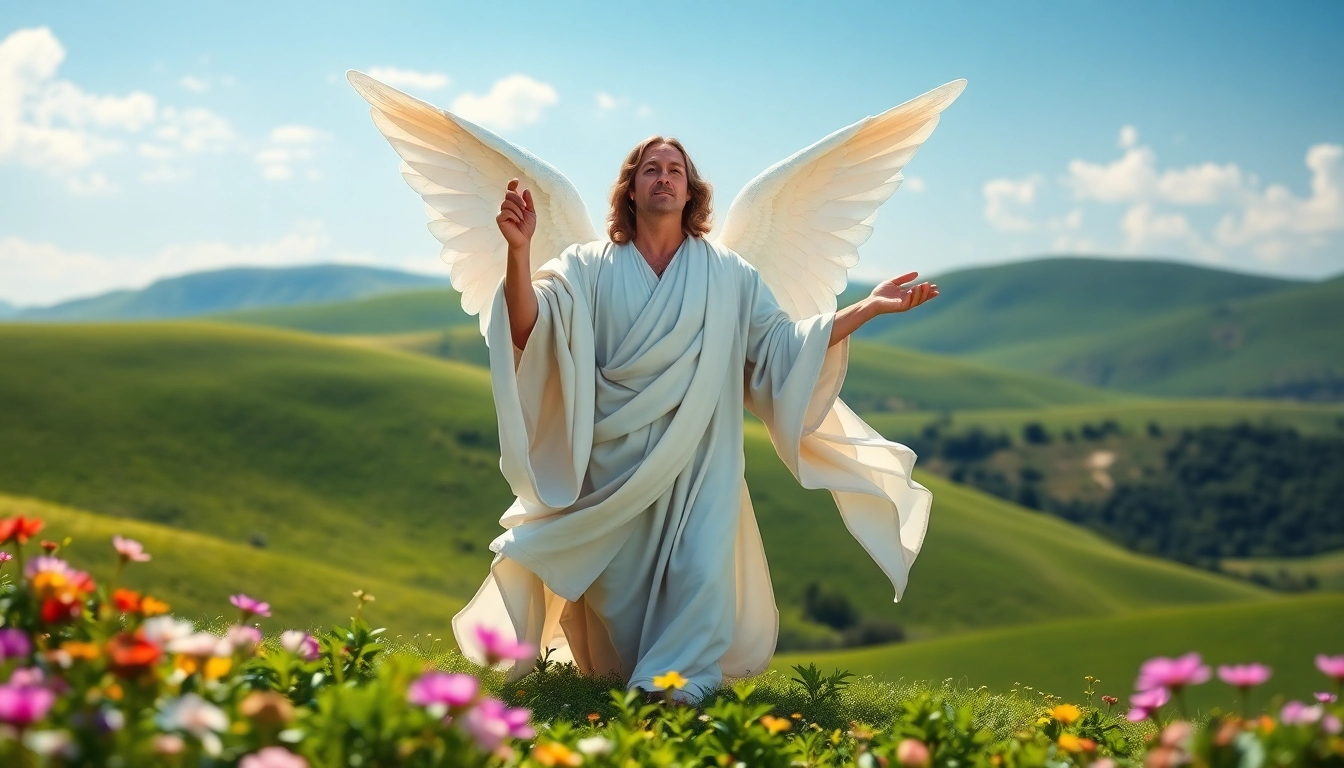 Erzengel Raphael leitet eine friedliche Landschaft mit strahlenden Farben.