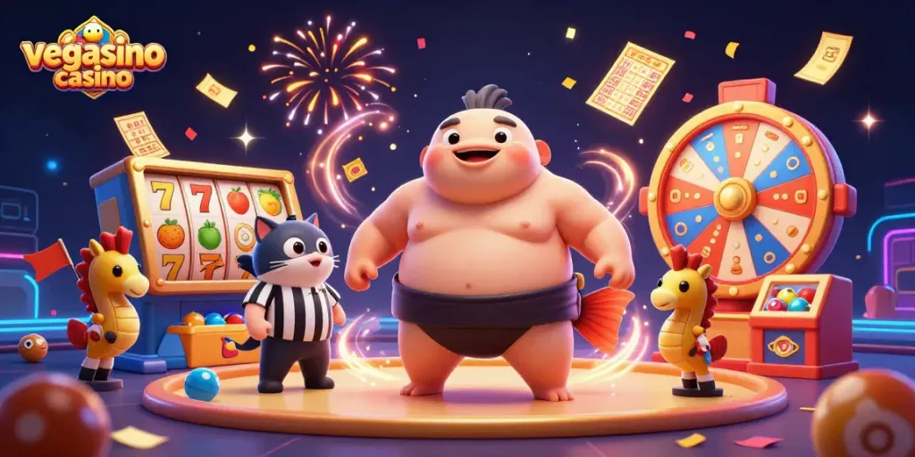 Engage with the vegasino casino in this colorful underwater scene filled with slot reels and fun characters.