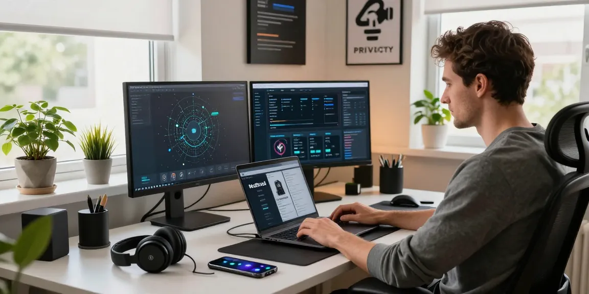 Mullvad VPN Erfahrungen in a tech workspace showing a user utilizing VPN security tools on a laptop with vibrant desk decor.