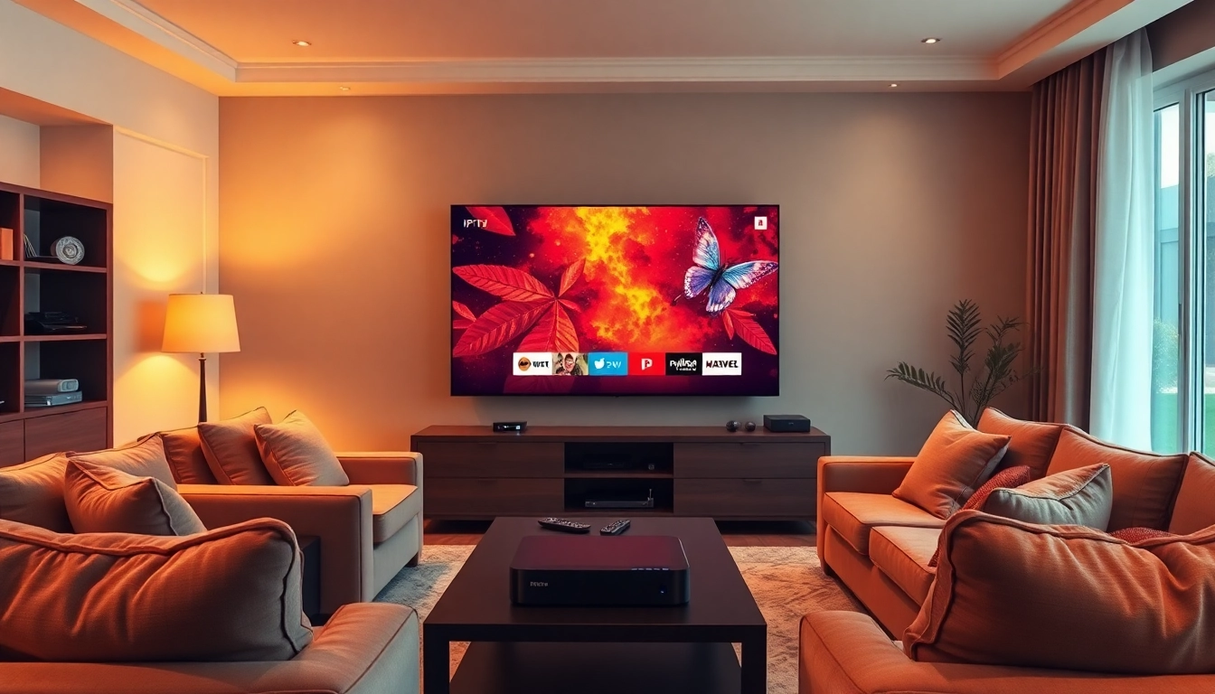 Erleben Sie die Vorteile von iptv 12 monate in einem modernen Wohnzimmer mit eleganter TV-Anlage.