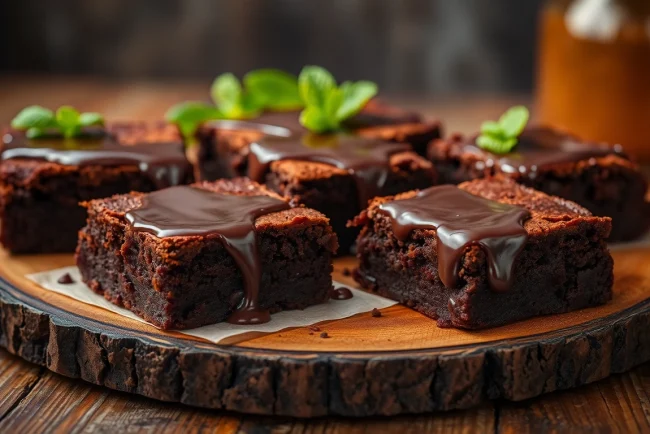 Daga Brownies auf einem rustikalen Holzbrett, verziert mit Schokoladensauce und Minze für ein schmeichelhaftes Dessert.