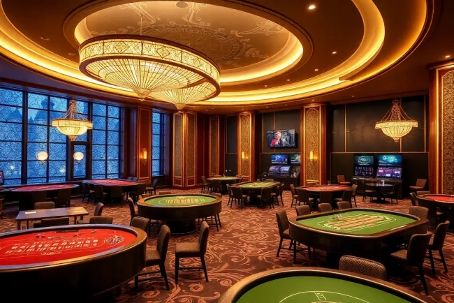 Spiele Casino ohne Anmeldung in einem luxuriösen, stilvollen Ambiente mit Spieltischen und goldenen Akzenten.