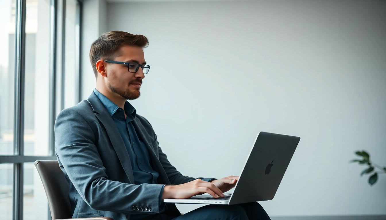 Unternehmensberatung bei der Arbeit: Ein Berater analysiert Daten am Laptop in einem modernen Büro.