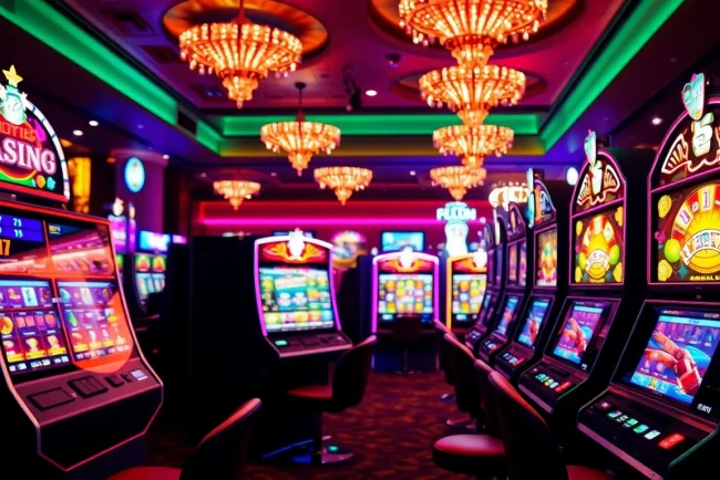 Redeem slotpark bonus codes for fun, showcasing colorful slot machines in a vibrant casino setting.