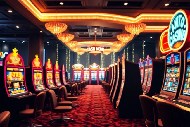 Spielen Sie spannende Spiele im Casino online mit leuchtenden Spielautomaten und einem einladenden Ambiente.