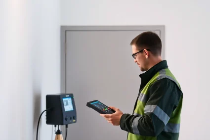Professioneller Prüfer führt die DGUV V3 Prüfung an einem elektrischen Gerät durch, um Sicherheit am Arbeitsplatz zu gewährleisten.